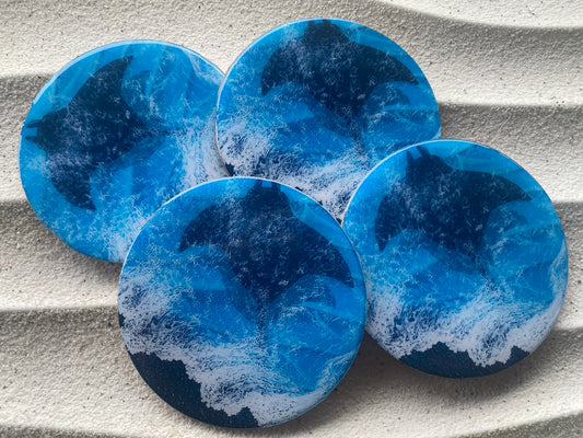 Manta ray. Wood printed resin coated, cork bottom coasters. Set of 4