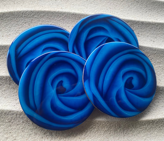 Blue rose, wood printed coasters coated with resin. Cork bottom set of 4